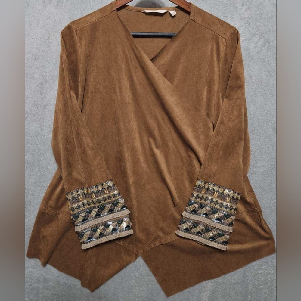 Soft Surroundings Faux Suede Tan Open Waterfall Cardigan Blazer Size Large